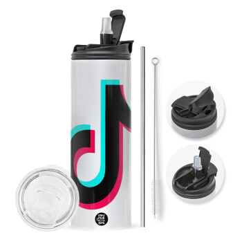 tik tok, Travel Tumbler 2 Lids, with metal straw & cleaning brush (Stainless steel 304 Food grade, BPA free, 600ml)