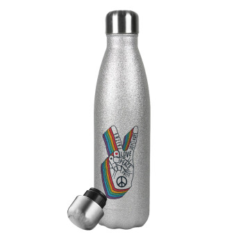 Peace Love Joy, Μεταλλικό παγούρι θερμός Glitter Aσημένιο (Stainless steel), διπλού τοιχώματος, 500ml