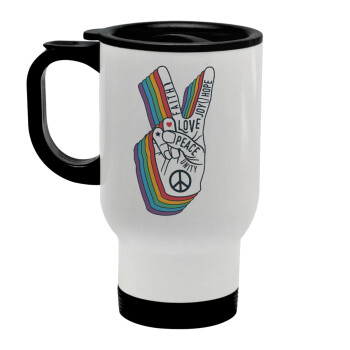 Peace Love Joy, Stainless steel travel mug with lid, double wall white 450ml