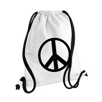 Peace, Τσάντα πλάτης πουγκί GYMBAG λευκή, με τσέπη (40x48cm) & χονδρά κορδόνια