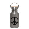 Stainless steel metallic thermos flask, silver with a bamboo lid, double-walled, 350ml.