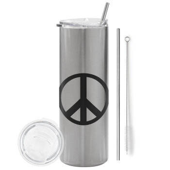 Peace, Eco friendly ποτήρι θερμό Ασημένιο (tumbler) από ανοξείδωτο ατσάλι 600ml, με μεταλλικό καλαμάκι & βούρτσα καθαρισμού