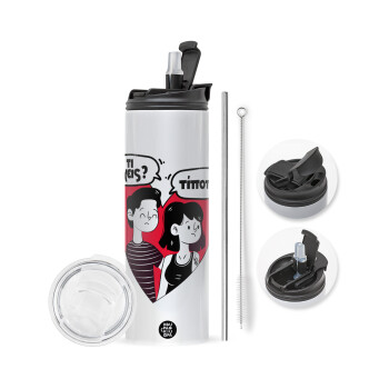 Τι έχεις? Τίποτα!, Travel Tumbler 2 Lids, with metal straw & cleaning brush (Stainless steel 304 Food grade, BPA free, 600ml)