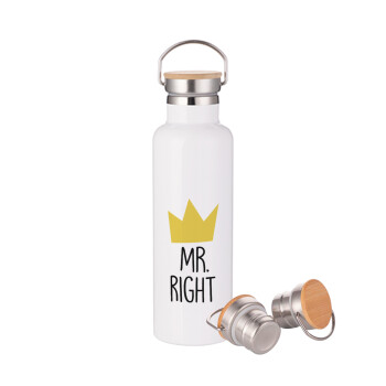 Mr right, Μεταλλικό παγούρι θερμός (Stainless steel) Λευκό με ξύλινο καπακι (bamboo), διπλού τοιχώματος, 750ml