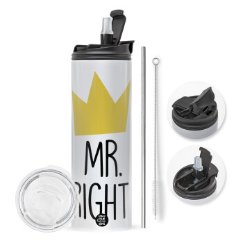 Mr right, Travel Tumbler θερμό με διπλό καπάκι, μεταλλικό καλαμάκι και βούρτσα καθαρισμού (Ανωξείδωτο 304 Food grade, BPA free, 600ml)