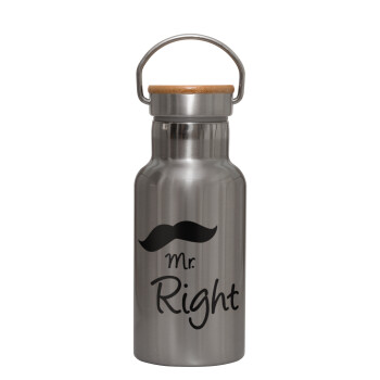 Mr right Mustache, Stainless steel metallic thermos flask, silver with a bamboo lid, double-walled, 350ml.