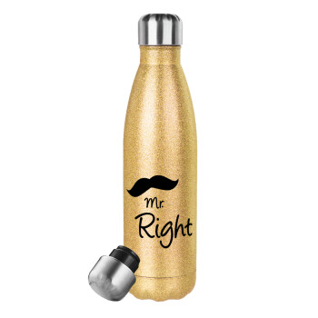 Mr right Mustache, Glitter gold stainless steel thermos bottle, double-walled, 500ml