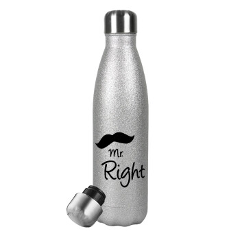 Mr right Mustache, Metallic Glitter Silver Thermos Flask (Stainless steel), double-walled, 500ml