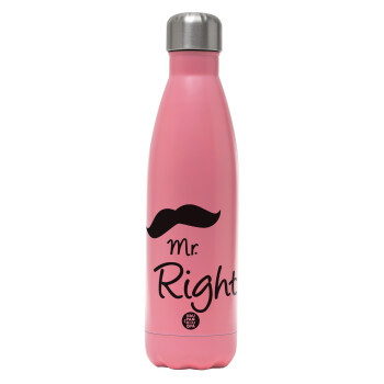 Mr right Mustache, Μεταλλικό παγούρι θερμός Ροζ Ματ (Stainless steel), διπλού τοιχώματος, 500ml