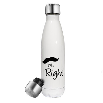 Mr right Mustache, Metal mug thermos White (Stainless steel), double wall, 500ml