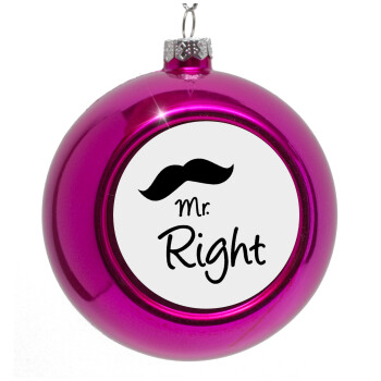 Mr right Mustache, Purple Christmas tree ornament bauble 8cm