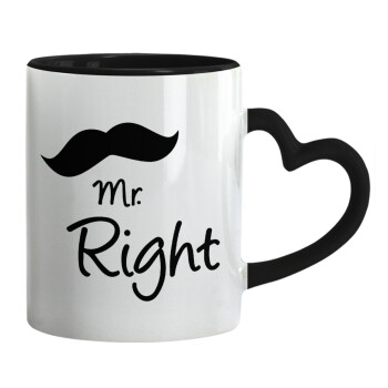 Mr right Mustache, Mug heart black handle, ceramic, 330ml