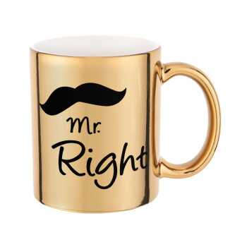 Mr right Mustache, Mug ceramic, gold mirror, 330ml