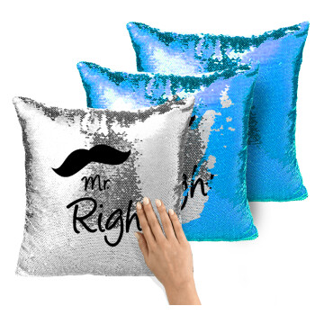 Mr right Mustache, Μαξιλάρι καναπέ Μαγικό Μπλε με πούλιες 40x40cm περιέχεται το γέμισμα