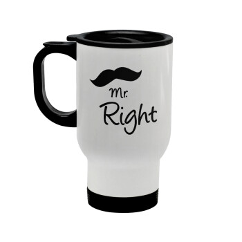 Mr right Mustache, Stainless steel travel mug with lid, double wall white 450ml