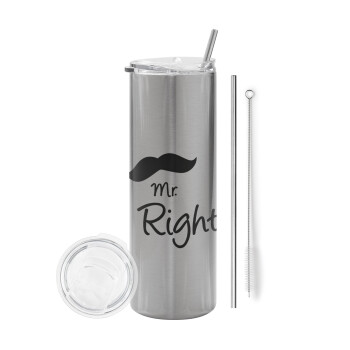 Mr right Mustache, Eco friendly stainless steel Silver tumbler 600ml, with metal straw & cleaning brush