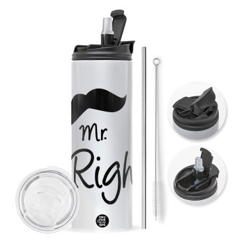 Mr right Mustache, Travel Tumbler 2 Lids, with metal straw & cleaning brush (Stainless steel 304 Food grade, BPA free, 600ml)