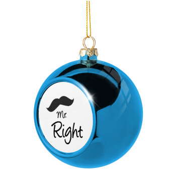 Mr right Mustache, Blue Christmas tree ball ornament 8cm