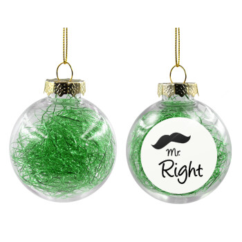 Mr right Mustache, Transparent Christmas tree ball ornament with green filling 8cm