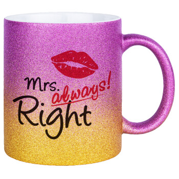 Mrs always right kiss, Κούπα Χρυσή/Ροζ Glitter, κεραμική, 330ml