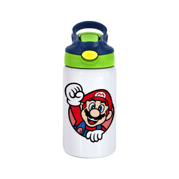 Super mario win, Children's hot water bottle, stainless steel, with safety straw, green, blue (350ml)