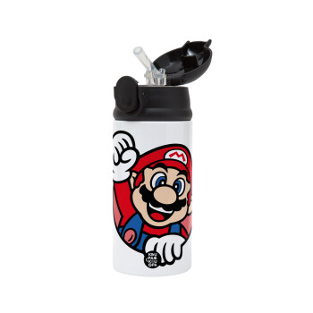 Super mario win, Children's hot water bottle, stainless steel, with safety straw, Black (360ml) BPA-FREE