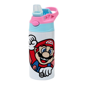 Super mario win, Children's hot water bottle, stainless steel, with safety straw, Pink/BlueCiel (360ml) BPA FREE