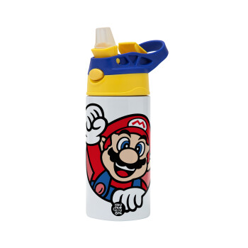 Super mario win, Children's hot water bottle, stainless steel, with safety straw, green, blue (360ml) BPA FREE