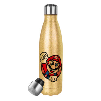 Super mario win, Glitter gold stainless steel thermos bottle, double-walled, 500ml