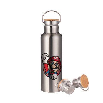 Super mario win, Μεταλλικό παγούρι θερμός (Stainless steel) Ασημένιο με ξύλινο καπακι (bamboo), διπλού τοιχώματος, 750ml