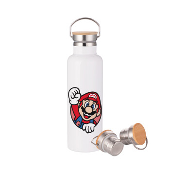 Super mario win, Μεταλλικό παγούρι θερμός (Stainless steel) Λευκό με ξύλινο καπακι (bamboo), διπλού τοιχώματος, 750ml