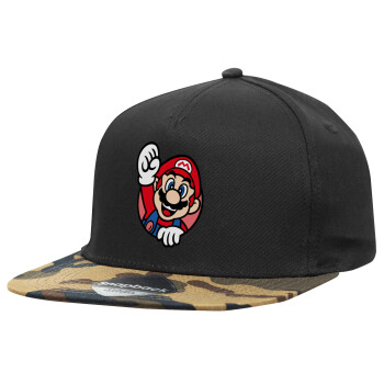 Super mario win, Adult Flat Snapback Hat Black/Camouflage, (100% COTTON TWILL, ADULT, UNISEX, ONE SIZE)