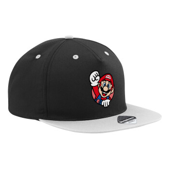 Super mario win, Adult Flat Snapback Hat Black/Grey, (100% COTTON TWILL, ADULT, UNISEX, ONE SIZE)