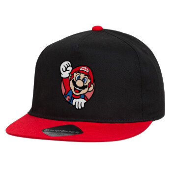 Super mario win, Children's Flat Snapback Hat, Black/Red (100% COTTON, CHILDREN'S, UNISEX, ONE SIZE)