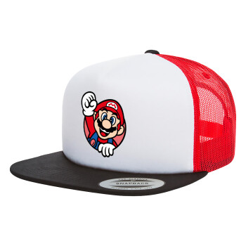 Super mario win, Adult Foam Flat Snapback with Mesh Black-White-Red (POLYESTER, ADULT, UNISEX, ONE SIZE)