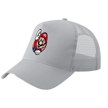 Super mario win, Adult Structured Trucker Hat, with Mesh, GRAY (100% COTTON, ADULT, UNISEX, ONE SIZE)