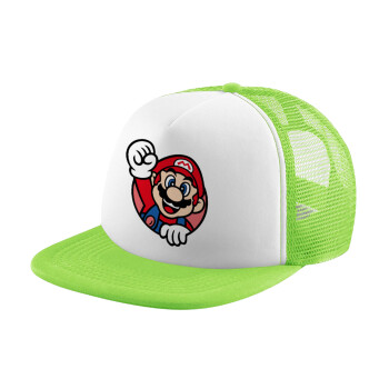 Super mario win, Adult Soft Trucker Hat with Mesh GREEN/WHITE (POLYESTER, ADULT, ONE SIZE)