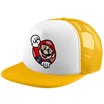 Super mario win, Adult Soft Trucker Hat with Yellow/White Mesh (POLYESTER, ADULT, UNISEX, ONE SIZE)