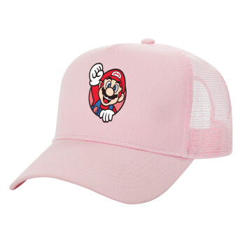 Super mario win, Adult Structured Trucker Hat, with Mesh, PINK (100% COTTON, ADULT, UNISEX, ONE SIZE)