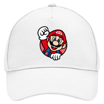 Super mario win, Adult Baseball Cap, Drill, White (100% COTTON, ADULT, UNISEX, ONE SIZE)