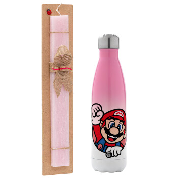 Super mario win, Easter Set, Metallic pink/white (Stainless steel) thermos, double-walled, 500ml & aromatic flat Easter candle (30cm) (PINK)