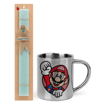 Super mario win, Πασχαλινό Σετ, μεταλλική κούπα θερμό (300ml) & πασχαλινή λαμπάδα αρωματική πλακέ (30cm) (ΤΙΡΚΟΥΑΖ)