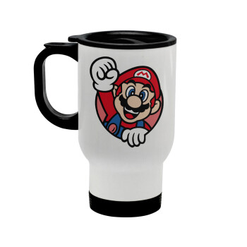 Super mario win, Stainless steel travel mug with lid, double wall white 450ml