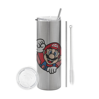 Super mario win, Eco friendly stainless steel Silver tumbler 600ml, with metal straw & cleaning brush