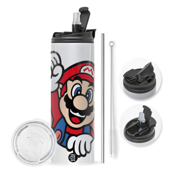 Super mario win, Travel Tumbler θερμό με διπλό καπάκι, μεταλλικό καλαμάκι και βούρτσα καθαρισμού (Ανωξείδωτο 304 Food grade, BPA free, 600ml)