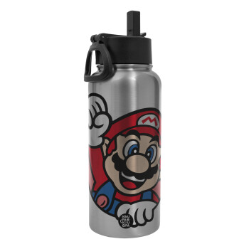 Super mario win, Metal mug thermo Silver with Straw and Spout Lid (Stainless steel), double wall, 950ml