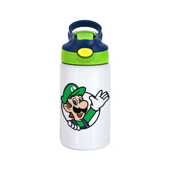 Super mario Luigi win, Παιδικό παγούρι θερμό, ανοξείδωτο, με καλαμάκι ασφαλείας, πράσινο/μπλε (350ml)