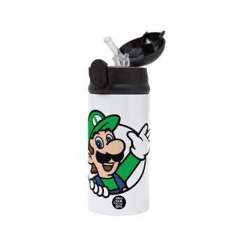 Super mario Luigi win, Children's hot water bottle, stainless steel, with safety straw, Black (360ml) BPA-FREE