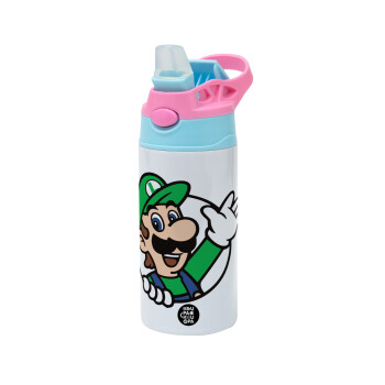 Super mario Luigi win, Children's hot water bottle, stainless steel, with safety straw, Pink/BlueCiel (360ml) BPA FREE