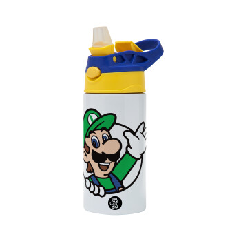 Super mario Luigi win, Children's hot water bottle, stainless steel, with safety straw, green, blue (360ml) BPA FREE